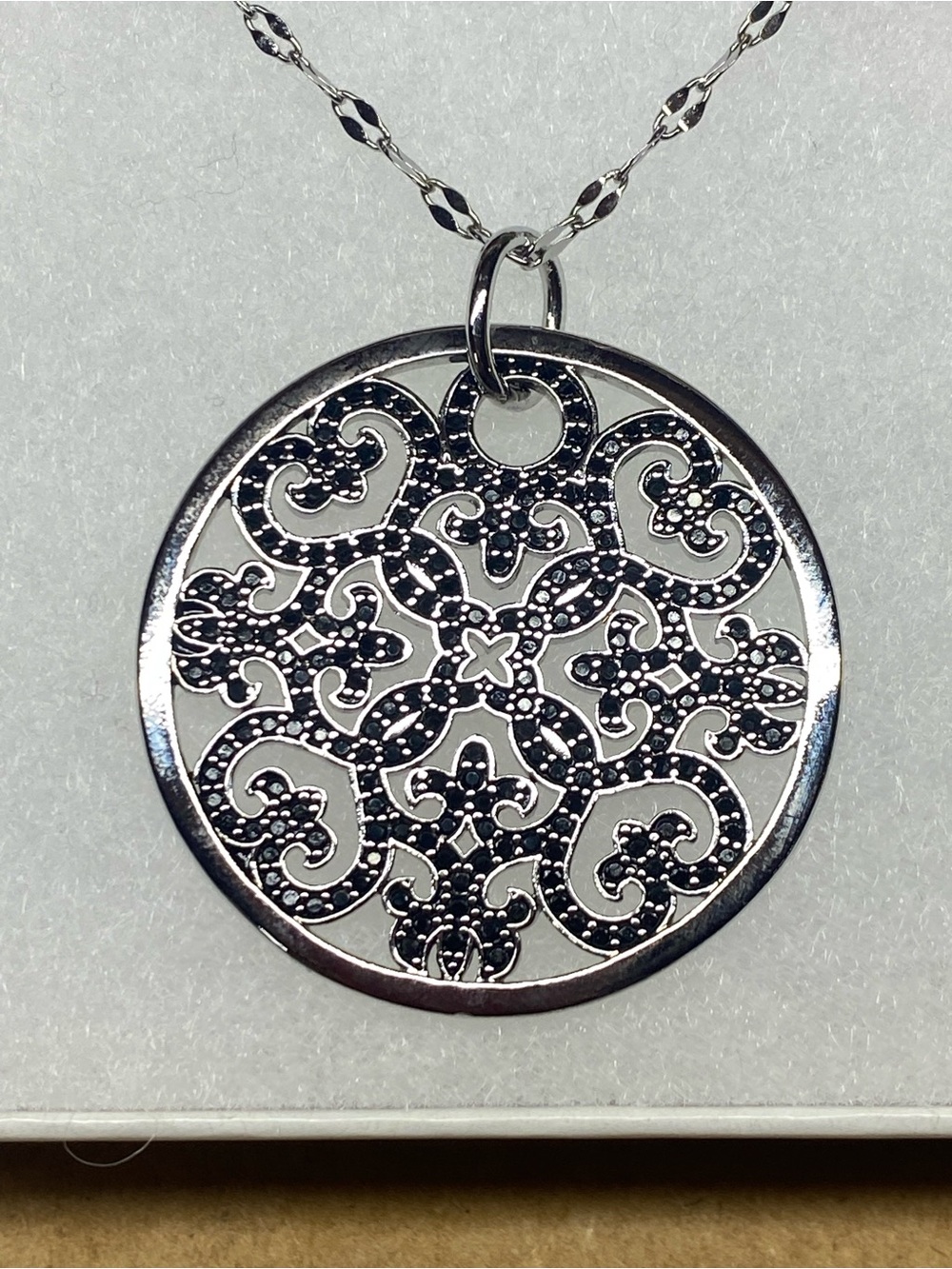 Round Sterling Silver Filigree Pendant Necklace with black onyx stones